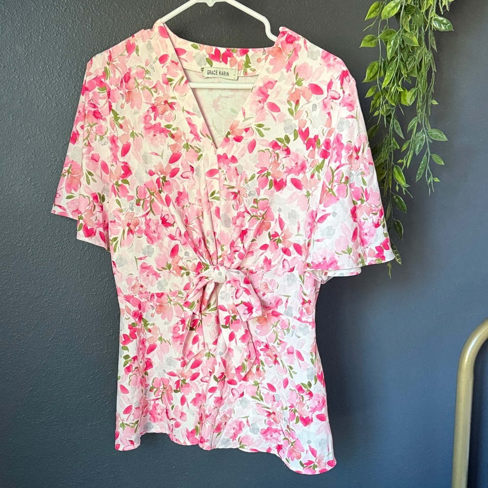 Grace Karin V-Neck Pink Floral Blouse